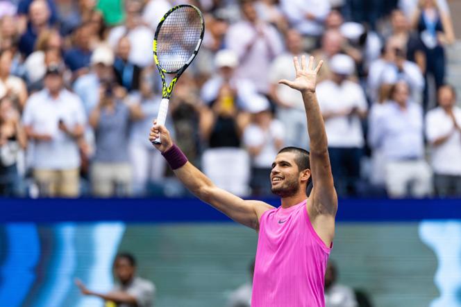 Carlos Alcaraz of Spain celebrates his victory over Novak Djokovic of Serbia in the semifinal of the men’s singles at the US Open at Arthur Ashe Stadium in Billie Jean King National Tennis Center in Flushing, Queens, New York City.