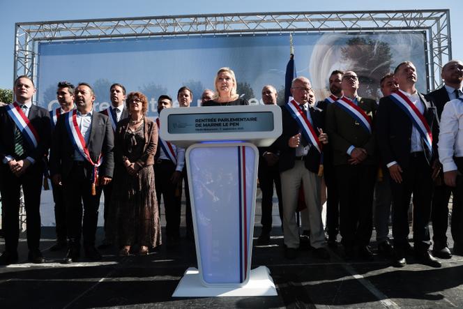 Marine Le Pen lors de son discours de rentrée à Hénin-Beaumont (Nord), le 7 septembre 2025.