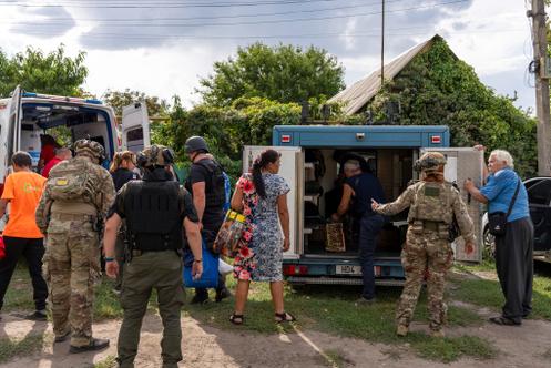 Ukrainian emergency services coordinating the evacuation in Sloviansk, Ukraine, on September 9, 2025.