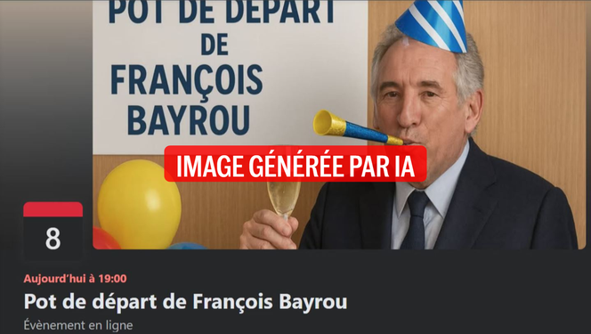 Le visuel généré par intelligence artificielle du « pot de départ de François Bayrou », événement Facebook humoristique ayant réuni plus de 101 000 inscrits.