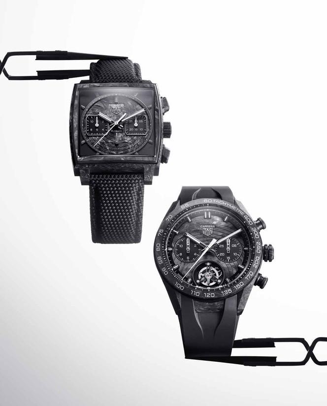 Monaco Flyback Chronograph TH-Carbonspring (à gauche) et Carrera Chronograph Tourbillon Extreme Sport TH-Carbonspring, TAG Heuer.