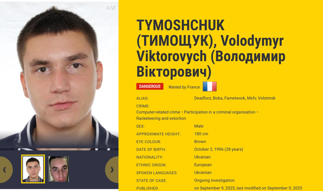 La fiche Europol de Volodymyr Viktorovych publiée le 9 septembre 2025.