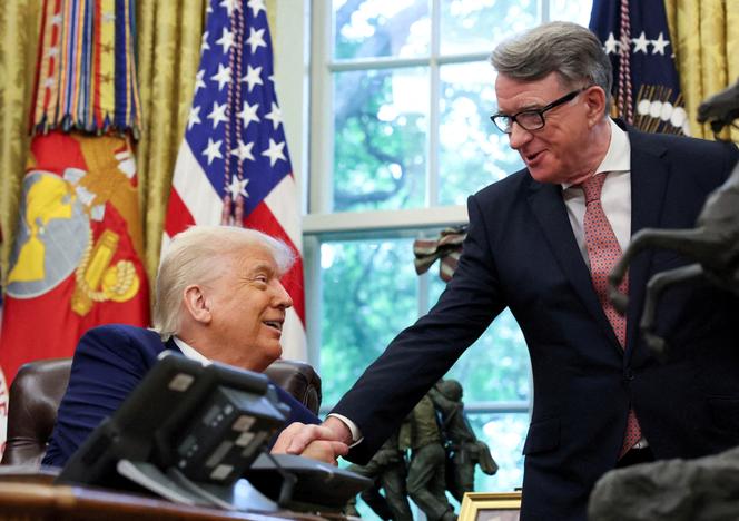 Le président Donald Trump serre la main de Peter Mandelson, à la Maison Blanche, le 8 mai 2025. 