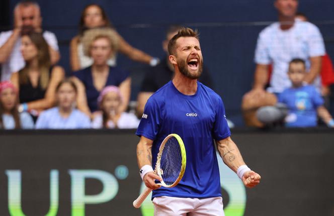 Corentin Moutet, après son succès face à Marin Cilic, à Osijek (Crotaie), le 13 septembre 2025.