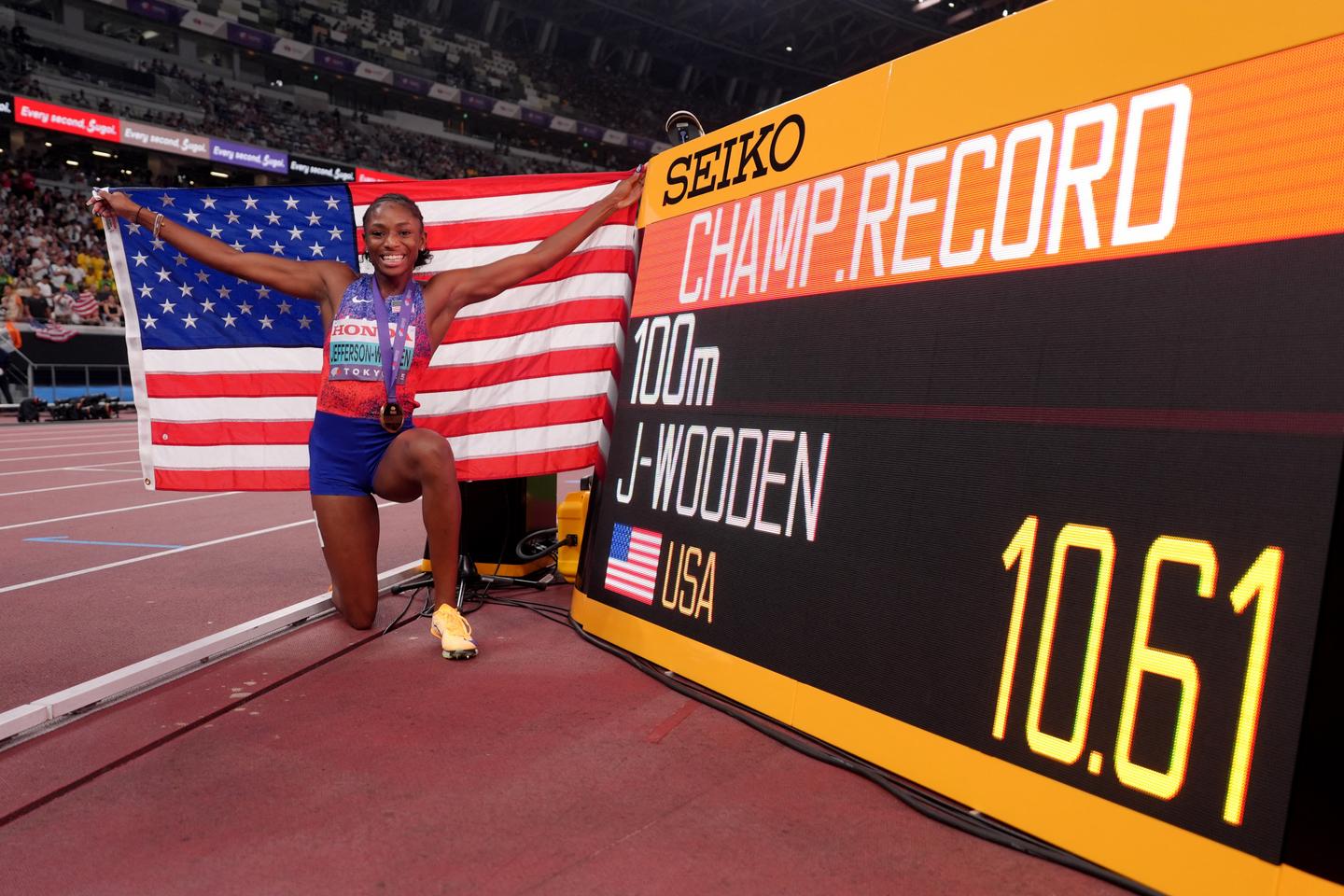 America's Jefferson-Wooden and Jamaica's Seville win world 100m