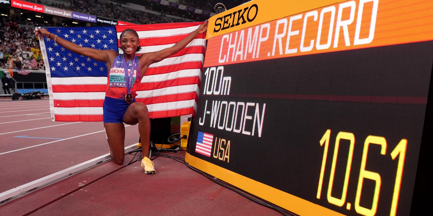 America's Jefferson-Wooden and Jamaica's Seville win world 100m