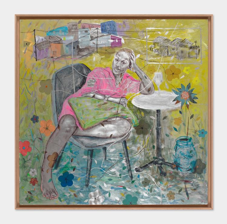 « La pose », de Salifou Lindou (2023). Acrylique et pyrogravure sur tôle (100 cm x 100 cm).