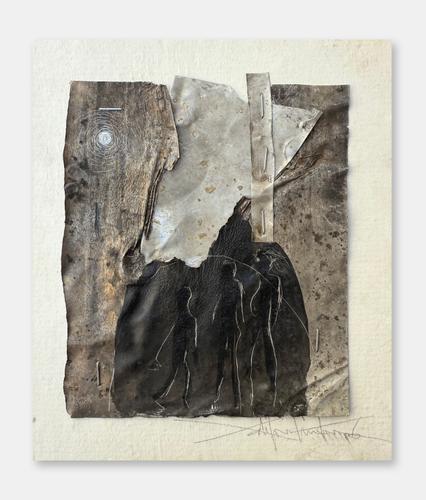 « Abstract Vibe », de Salifou Lindou (2006). Gravure sur tôle agrafée sur bois (20 cm x 17 cm).