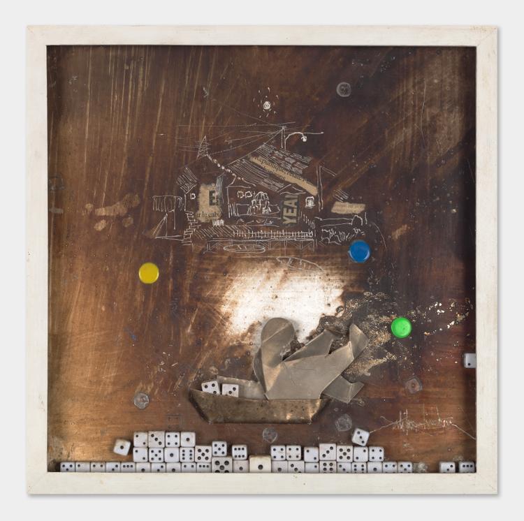« Vil’hasard 2 », de Salifou Lindou (2013). Collage acrylique sur tôle (40 cm x 40 cm).