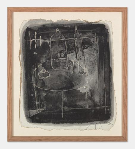 « Boîte d’encre sur la table », de Salifou Lindou (2001). Acrylique et encre noire sur papier (21 cm x 19 cm).