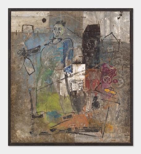 « Le bibineur », de Salifou Lindou (2006). Gravure sur tôle agrafée sur bois (32 cm x 29 cm).