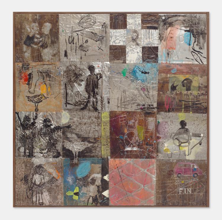 « Histoire d’une journée », de Salifou Lindou (2013). Acrylique et gravure sur feuille d’aluminium (90 cm x 90 cm).