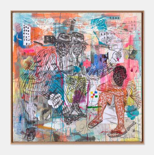 « Social Game 8 », de Salifou Lindou (2023). Pastel, acrylique, collage et Posca sur toile (120 cm x 120 cm).