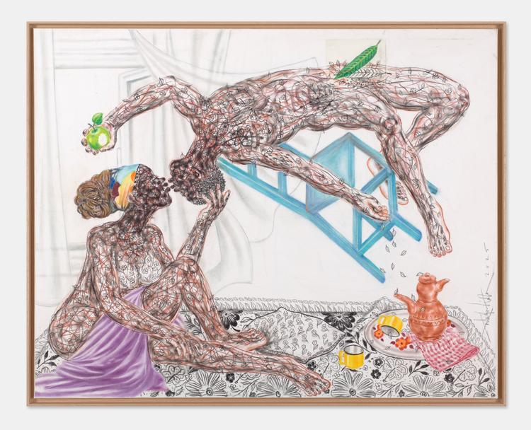 « Quand l’amour s’enflamme », de Salifou Lindou (2025). Collage et pastel sur papier monté sur papier (120 cm x 150 cm).