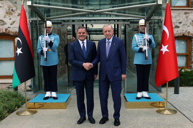Le premier ministre du gouvernement d’union nationale (GNU) libyen basé à Tripoli, Abdulhamid Dbeibah (à gauche), en compagnie du président turc, Recep Tayyip Erdogan, à Istanbul, le 1er août 2025.