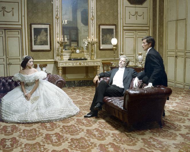 Claudia Cardinale, Burt Lancaster et Alain Delon sur le tournage du film « Le Guépard », de Luchino Visconti, en 1963.