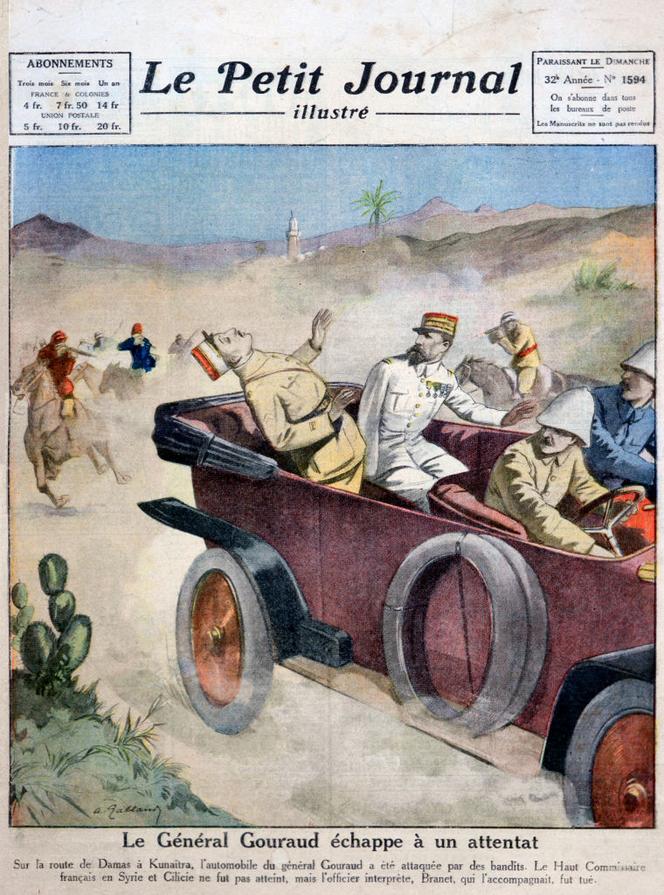 La une du « Petit Journal illustré », de 1921, qui relate la tentative d’assassinat du général Henri Joseph Eugène Gouraud, haut-commissaire français en Syrie, sur la route entre Damas et Kuneitra, en 1921. Henri Gouraud aurait déclaré devant le tombeau de Saladin : « Réveille-toi, Saladin, nous sommes de retour. Ma présence ici consacre la victoire de la croix sur le croissant. » 
