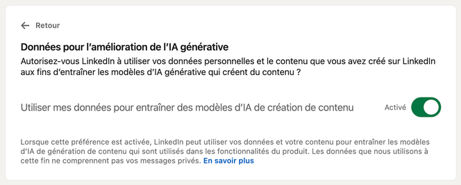 Capture d’écran du bouton à désactiver pour refuser l’utilisation de ses donnés par LinkedIn pour entraîner des modèles d’IA.