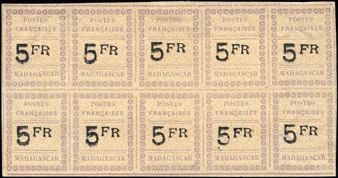 Madagascar, feuillet complet de dix exemplaires du 5 francs de 1891, 20 000 euros.