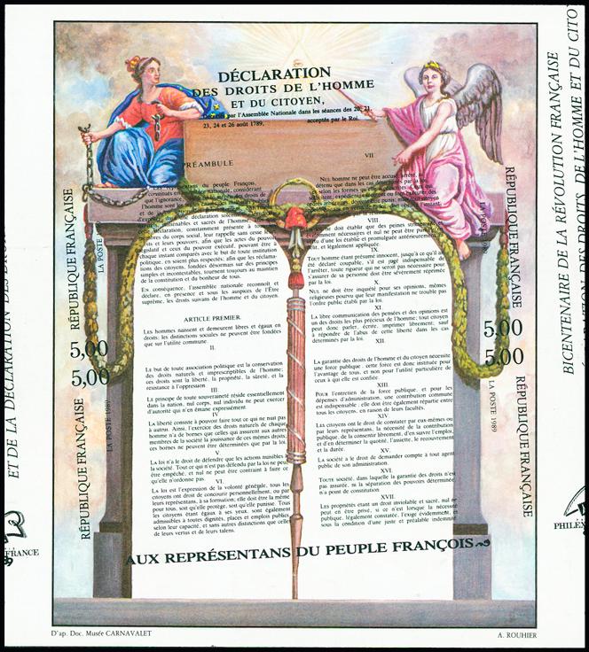 Bloc-feuillet sur la Déclaration des droits de l’homme et du citoyen (bicentenaire de la Révolution française, 1989), texte imprimé de travers et non dentelé, 1 000 euros.