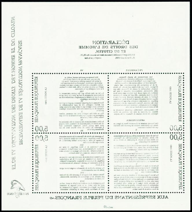 Bloc-feuillet sur la Déclaration des droits de l’homme et du citoyen (bicentenaire de la Révolution française, 1989), impression du texte recto verso, 600 euros.