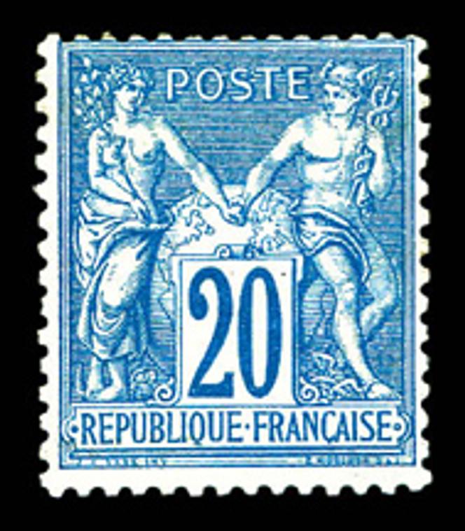 Timbre au type « Sage », timbre non émis, 20 centimes bleu (type I). Mise à prix : 50 000 euros.