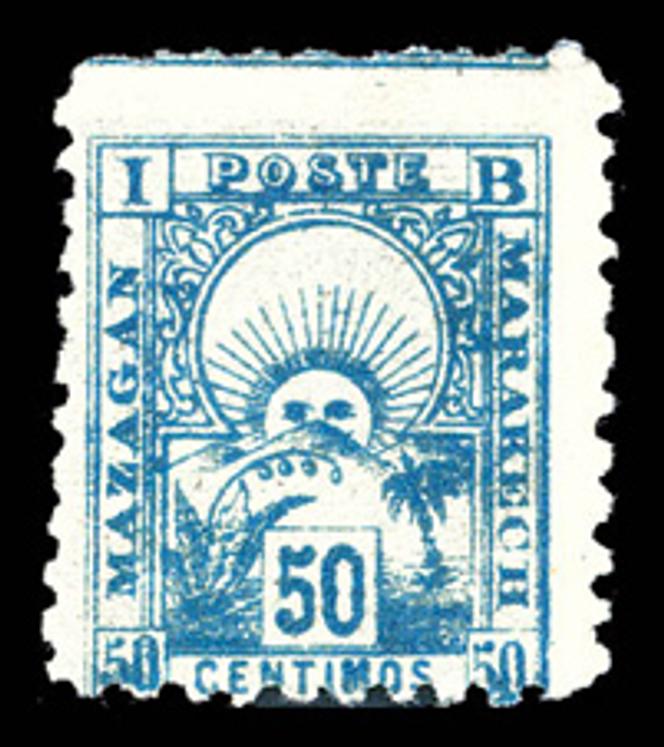 Timbre de la poste locale, Mazagan à Marrakech (Maroc), erreur de couleur 50 centimes bleu (impression dans la couleur du 10 centimes), 10 000 euros.