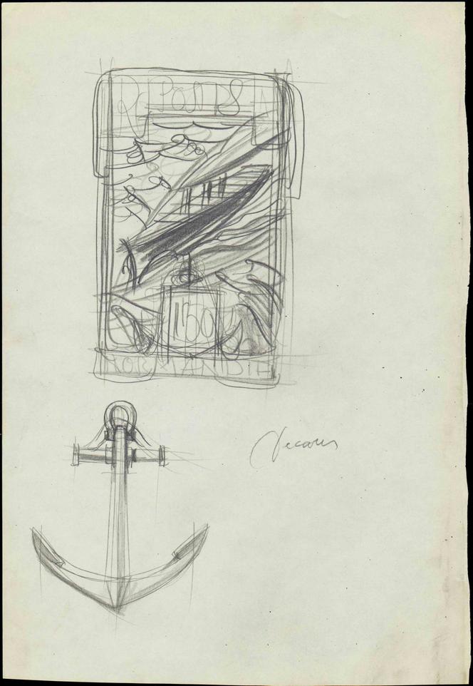 Maquette à la mine de plomb du paquebot « Normandie » (1935), signée Decaris, 500 euros.