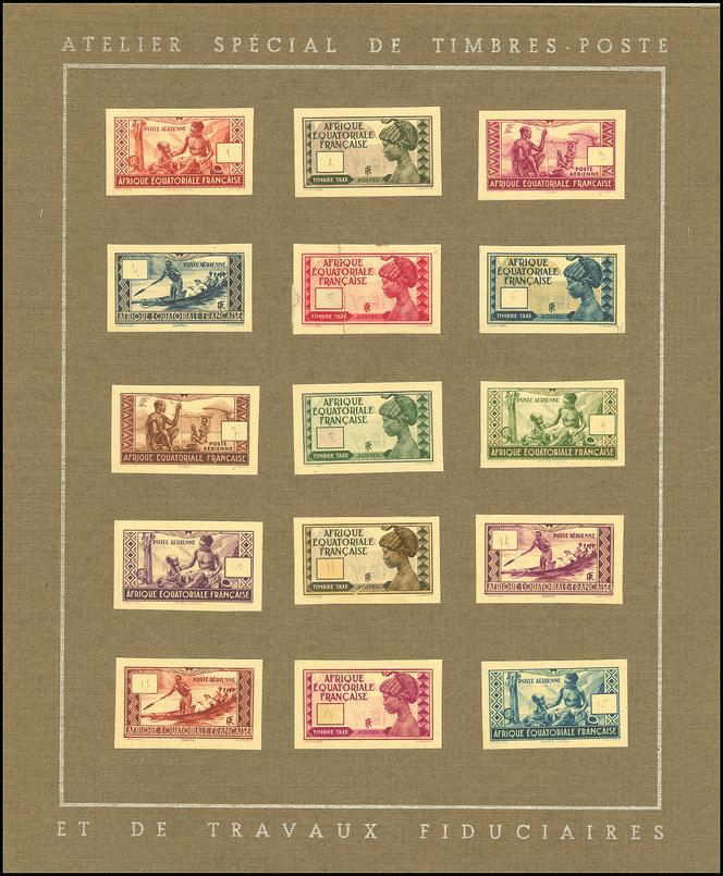 Afrique-Equatoriale française, « épreuve d’essai héliogravée de la série de 1937 légendée « Atelier spécial de timbres-poste/et de travaux fiduciaires » : 1 000 euros.