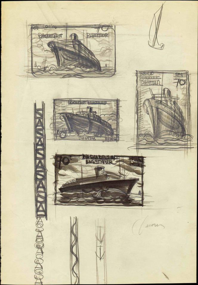 Ensemble signé par Albert Decaris de projets sur le « Paquebot “Pasteur” » (1941), 1 000 euros.