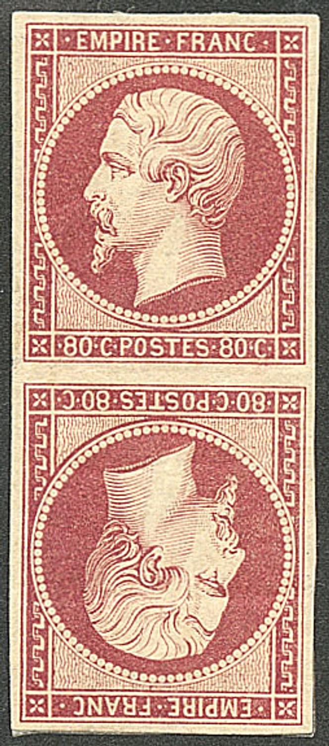 Prix de départ de 200 000 euros pour cette paire tête-bêche verticale du 80 centimes carmin du Second Empire de 1854 non dentelé.