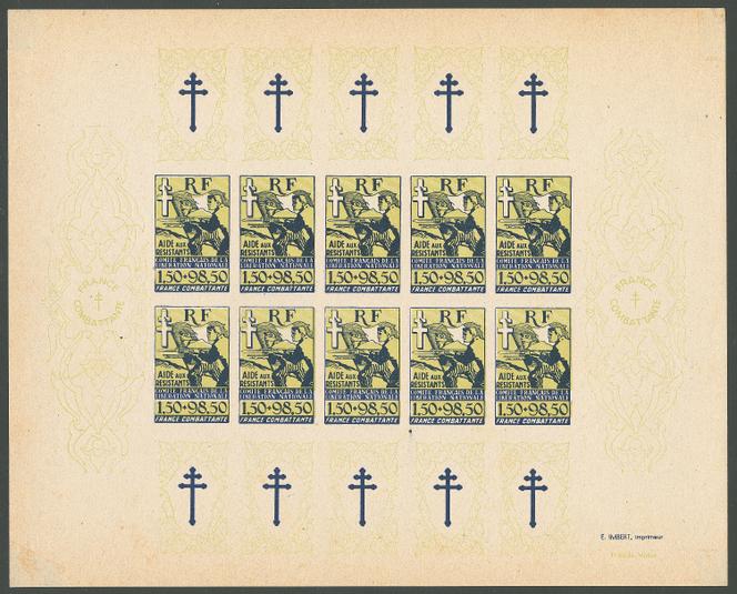 France libre (« France combattante. Aide aux résistants. Comité français de la libération nationale »), un essai de couleur non dentelé en jaune-olive et bleu foncé (1,50 + 98,50 francs), feuille complète de dix exemplaires, 2 200 euros.