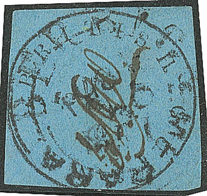 Guyane britannique, 12 cents noir sur bleu de 1850-1851, avec initiales EDW, oblitéré, à partir de 4 500 euros.