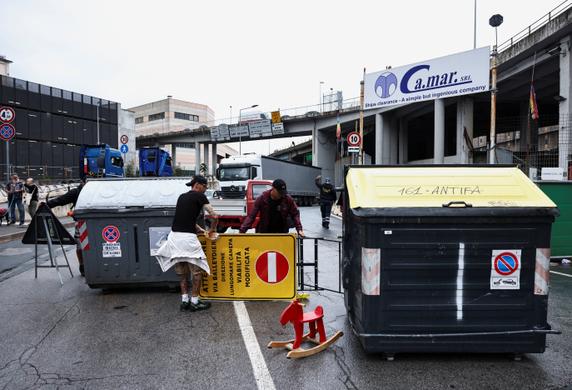 Activists demand an end to arms deliveries to Israel, in Genoa, Italy, on September 22, 2025.
