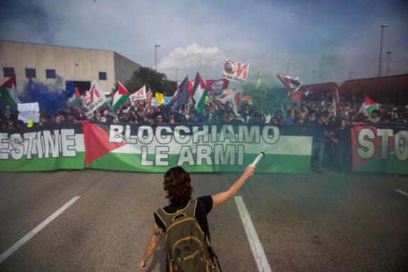 Protesters call for an end to arms deliveries to Israel, in Venice, Italy, on September 22, 2025.
