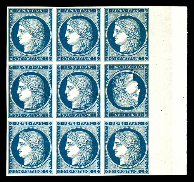 Bloc de neuf au type « Cérès » du 20 centimes bleu sur jaunâtre (timbre non émis), avec un tête-bêche. Mise à prix : 65 000 euros.
