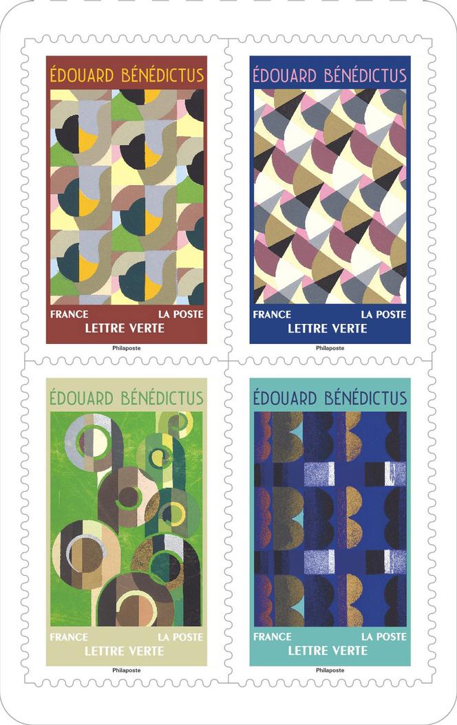 Quatre des douze timbres (Edouard Bénédictus) du carnet émis à l’occasion du centenaire des Arts décoratifs, en vente générale le 22 septembre. Conception graphique : Bruno Ghiringhelli (Bibliothèque nationale de France, département des estampes et de la photographie).