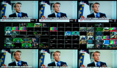 Emmanuel Macron lors d’une interview sur BFM-TV, retransmise de New York, un jour après la reconnaissance de la France de l’Etat de la Palestine, le 23 septembre 2025.