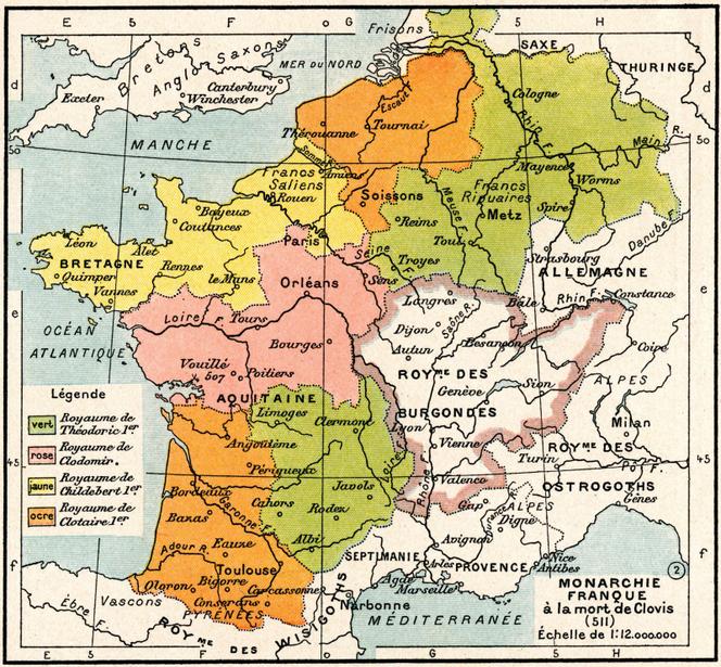 La France mérovingienne à la mort de Clovis, en 511. Illustration extraite de « L’Atlas général Vidal-Lablache », de Paul Vidal de La Blache (1845-1918).