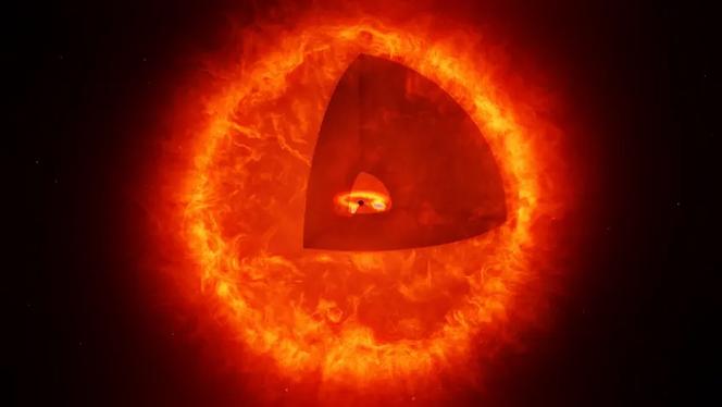 Vue d’artiste de ce que pourrait être un trou noir-étoile : un trou noir supermassif entouré d’une grande couche d’hydrogène chaude qui imiterait l’aspect extérieur d’une étoile. A noter que la taille du trou noir n’est pas à l’échelle.