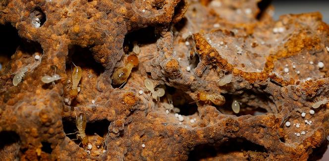 Les termites « Odontotermes obesus » cultivent et se nourrissent de champignons « Termitomyces » (points blancs).