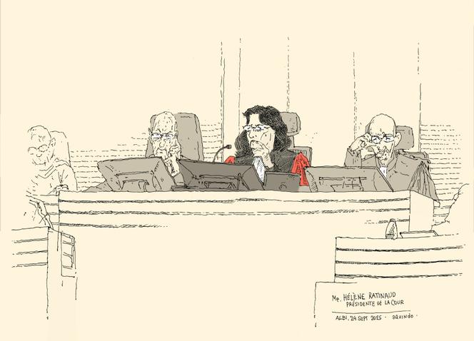 La cour, avec la présidente Hélène Ratinaud, au procès de Cédric Jubillar, à la cour d’assises d’Albi, le 24 septembre 2025.