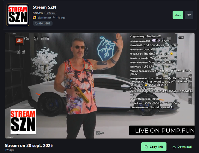 Le streameur Alex Becker lors d’un direct vidéo sur Pump.fun, le 20 septembre 2025.