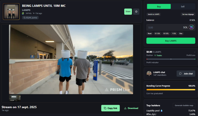 Exemple d’un direct vidéo diffusé sur Pump.fun, le 17 septembre 2025. Les deux créateurs du jeton $LAMPS avaient promis de se filmer déguisés en lampe dans tous les types de situation.