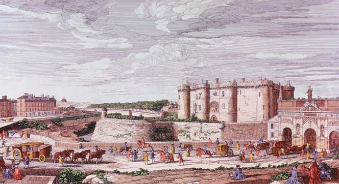 La Bastille et la porte Saint-Antoine, vues du faubourg, première moitié du XVIIIᵉ siècle. Gravure de Rigaud.