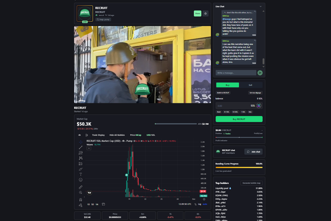 Exemple d’une page consacrée à l’un des millions de memecoins présents sur Pump.fun. La fenêtre de vidéo en direct et les commentaires liés s’affichent au-dessus des outils d’investissement de la plateforme.