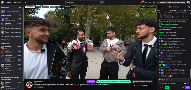 Capture d’écran du live Twitch de Byilhan, avec Inoxtag, Nico et Joyca, à Paris, le 1ᵉʳ octobre 2025.