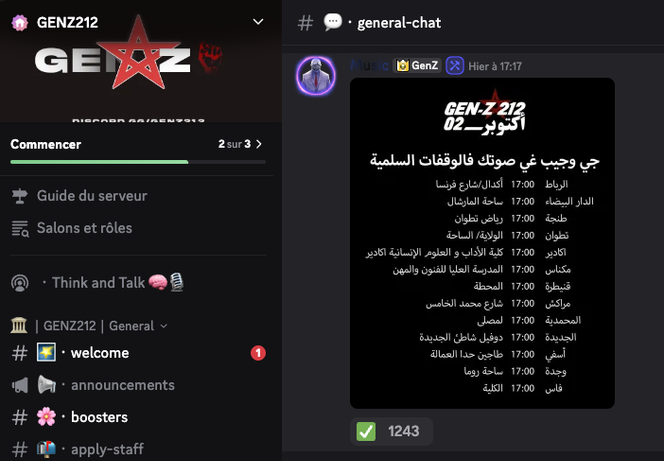 Les lieux et horaires des prochains rassemblements sont annoncés sur le serveur Discord GenZ 212.