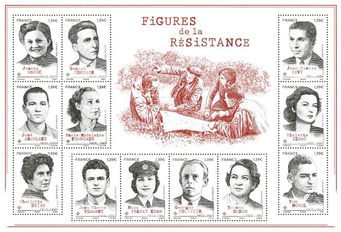 « Figures de la Résistance ». Tirage : 210 000 exemplaires. Fond de bloc : création Sophie Beaujard, d’ap. photo Combattants résistants, HuIton
Archive/ Gettyimages. Création des timbres Sophie Beaujard, Charlotte Delbo gravure Elsa Catelin d’ap. photo © Eric Schwab ; Daniel Cordier gravure Claude Jumelet d’ap. photo © Famille Daniel Cordier ; Georges Politzer gravure Elsa Catelin d’ap. photo © Famille de Georges Politzer ; Jeanne Bohec gravure Claude Jumelet d’ap. photo © Service historique de la Défense, Vincennes ; Jean-Pierre Vernant gravure Pierre Albuisson d’ap. photo © Famille de Jean-Pierre Vernant ; Jean-Pierre Levy, gravure Pierre Bara d’ap. photo Réf. 004772. © Musée de l’Ordre de la Libération ; José Aboulker gravure Sophie Beaujard d’ap. photo Ref. 000070 © Musée de l’Ordre de la Libération ; Marie-Madeleine Fourcarde gravure Sophie Beaujard d’ap. photo © akg-images ; Noor lnayat Khan gravure Sarah Lazarevic d’ap. photo © DR ; Tom Morel gravure Pierre Bara d’ap. photo © Famille Tom Morel ; Violette Szabo gravure Pierre Albuisson d’ap. photo © Auri mages ; Yvonne Oddon gravure Sarah Lazarevic d’ap. photo © Studio Harcourt (7934-7997) - RMN-Grand Palais.
