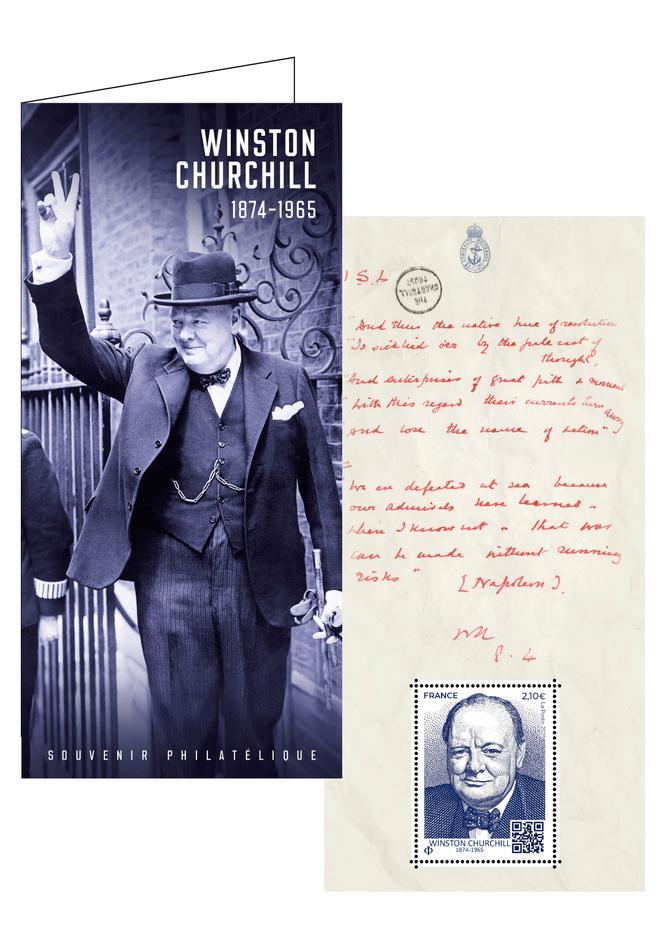 Feuillet souvenir « Winston Churchill ». Prix de vente : 5 euros. Tirage : 20 000 exemplaires. Mise en page Bruno Ghiringhelli d’après photos ; couverture© World History Archive / Aurimages ; feuillet © Churchill Archives Centre, Churchill Papers, CHAR 13/57/3.